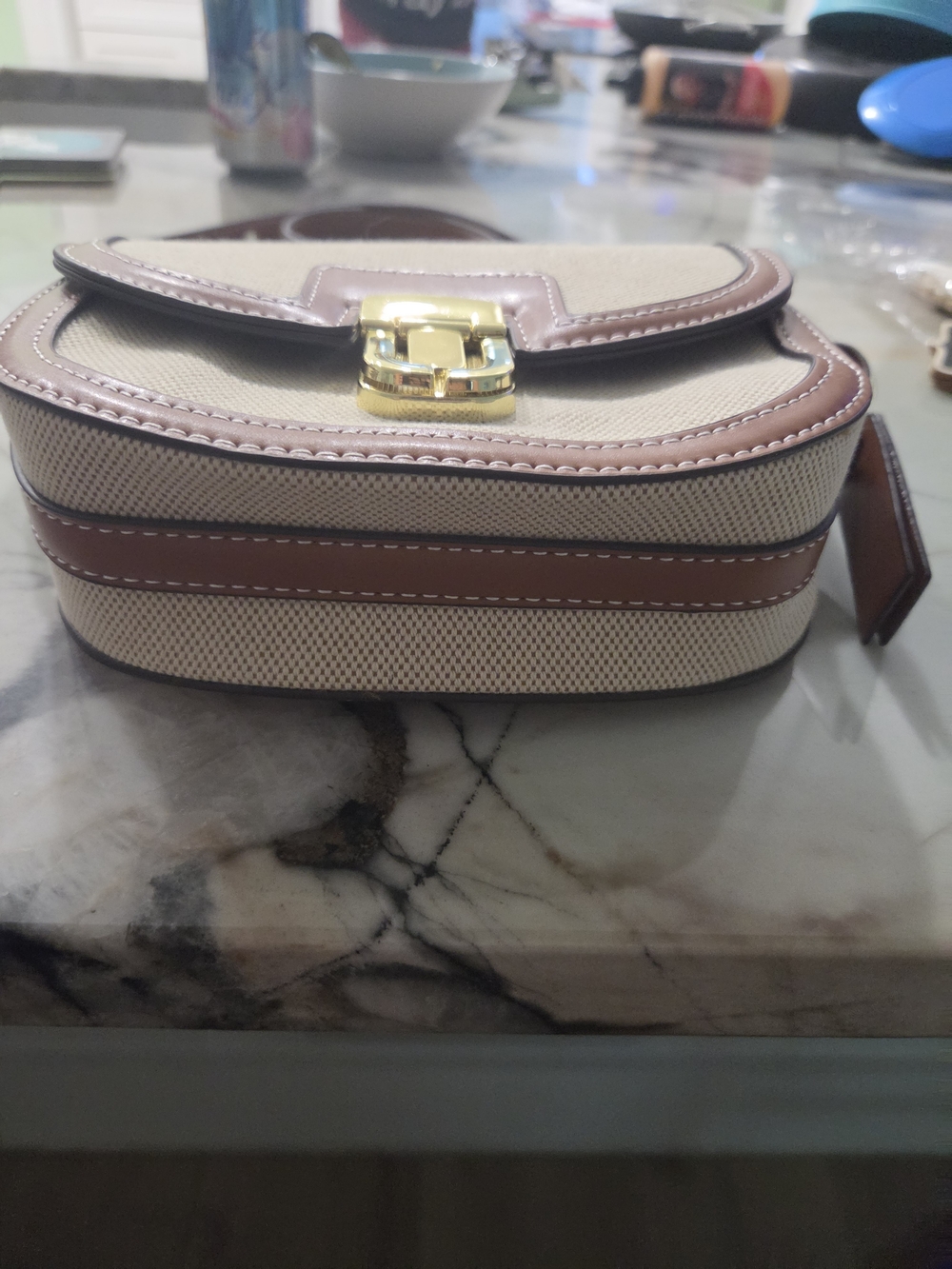 Beige and Brown Crossbody Bag with Gold-Tone Lock